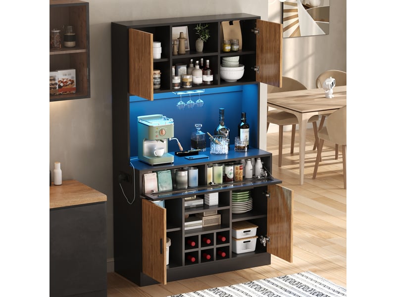  Colonne cuisine 105x40x180 cm, armoire haute avec led et prises, porte rabattable en verre, porte-verres et casier à vin amovible  - Conforama E