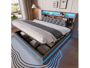 Lit coffre 2 places 180x200 cm en velours gris foncé avec led, usb et tête de lit multifonction, sans matelas