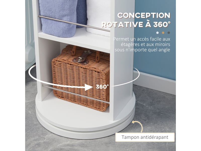  Colonne de salle de bain pivotante avec miroir 6 étagères blanc 36 x 36 x 171 cm  - Conforama E