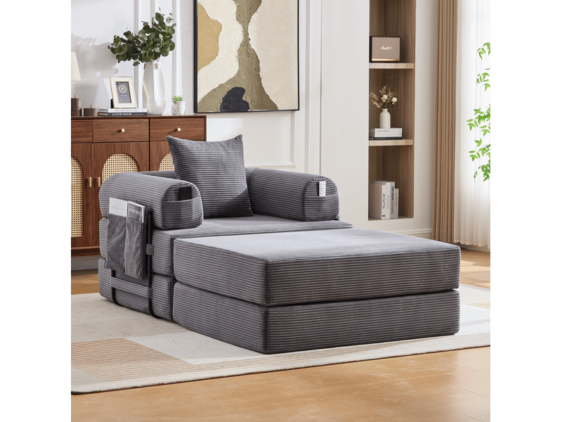  Fauteuil modulable modenvie 1 place avec pouf velours côtelé gris foncé 112 x 190 x 67 cm  - Conforama B