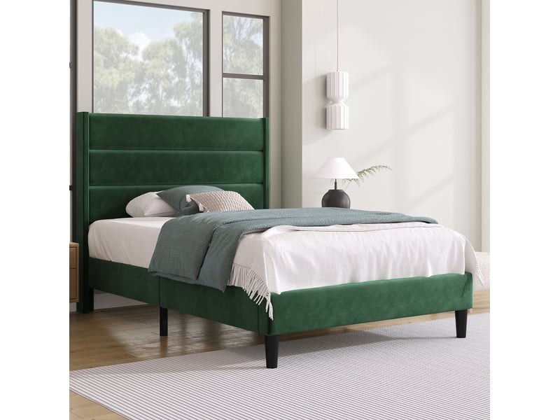 Lit simple 90x200 cm en velours vert foncé avec sommier à lattes et tête de lit - Conforama B