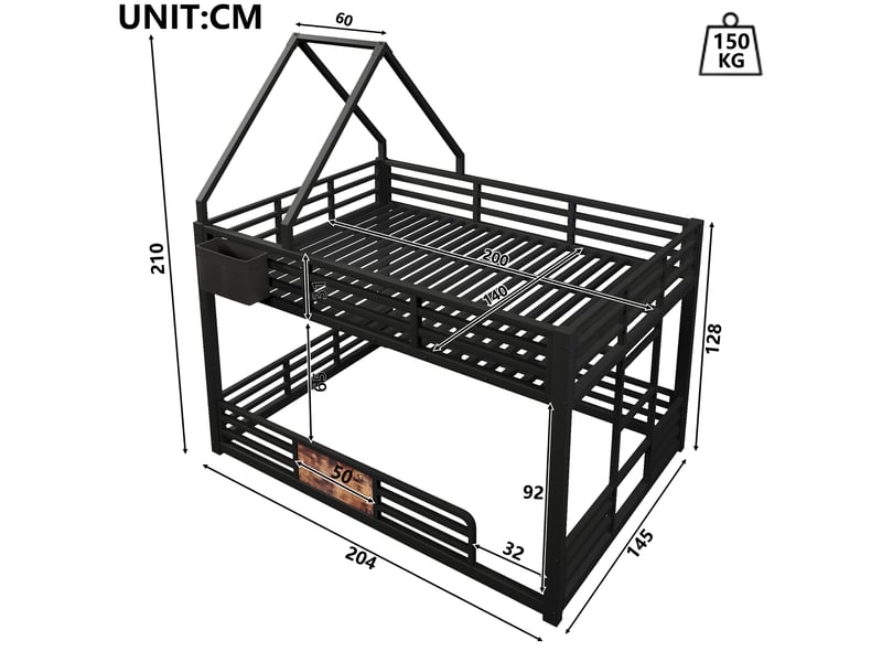  Lit superposé 140 × 200 cm 2 places avec led réglable, poches, barrières, sans matelas, en métal, noir  - Conforama D