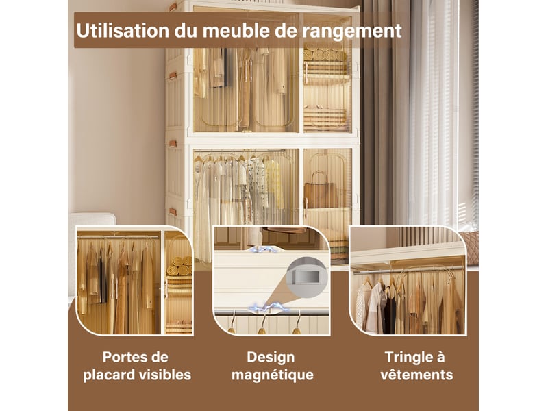  Armoire modulaire pliable 92x45x196 cm avec 9 portes magnétiques couleur beige crème, polypropylène  - Conforama E