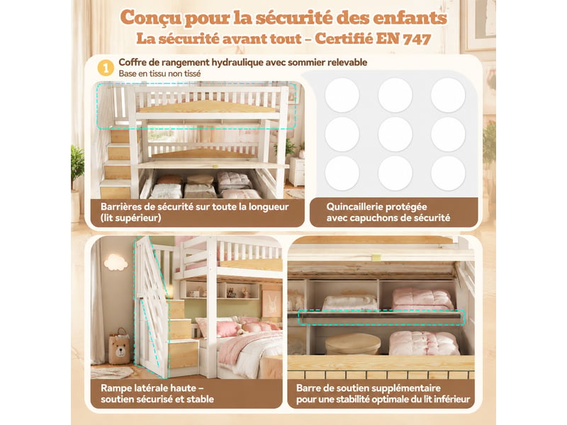  Lit superposé enfant 90x200 + 140x200 cm avec rangement sous lit, escalier coffre et prise usb-c - blanc  - Conforama E