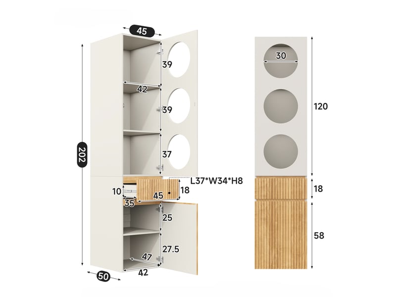  Armoire colonne 45x50x200 cm, armoire chambre étroite dressing penderie, en mdf, style scandinave, avec 2 portes et 1 tiroir, gris et naturel  - Conforama E