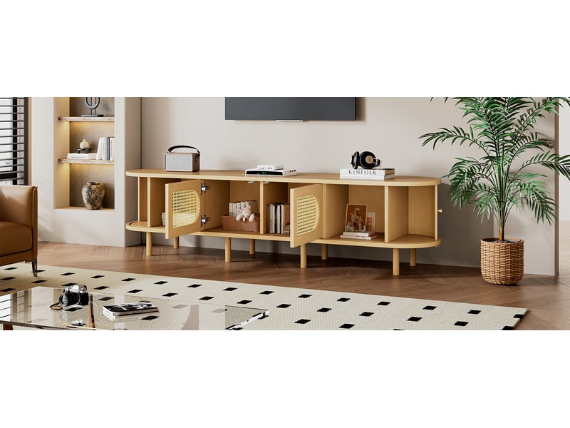  Meuble tv bas ovale avec portes coulissantes et rotin, mdf, 180 × 40 × 40 cm, bois clair  - Conforama E