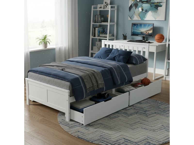  Lit simple 90x200cm avec tiroirs de rangement, cadre en pin blanc, lit en bois pour adolescents et adultes avec tiroirs de rangement  - Conforama C