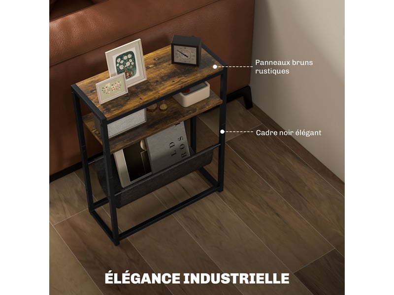  Table d'appoint bout de canapé avec étagère et porte-revues structure en acier 43l x 18p x 56h cm - design industriel  - Conforama E