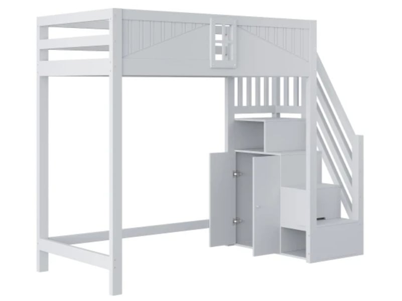  Lit superposé enfant 90×200, échelle 4 marches, garde-corps, pinmdf, blanc  - Conforama E