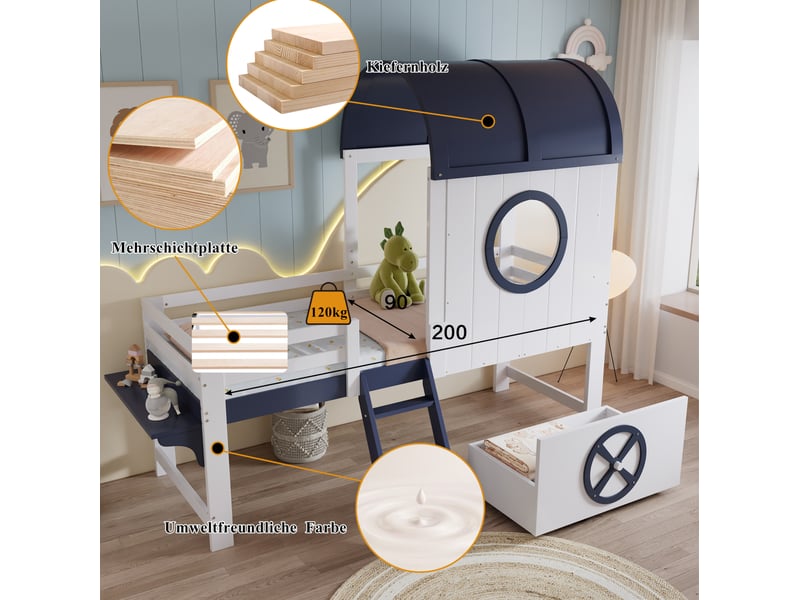 Lit mezzanine enfant 90x200 cm – blanc et bleu foncé – toit, tiroir à roulettes et échelle inclinée – sans matelas - Conforama E
