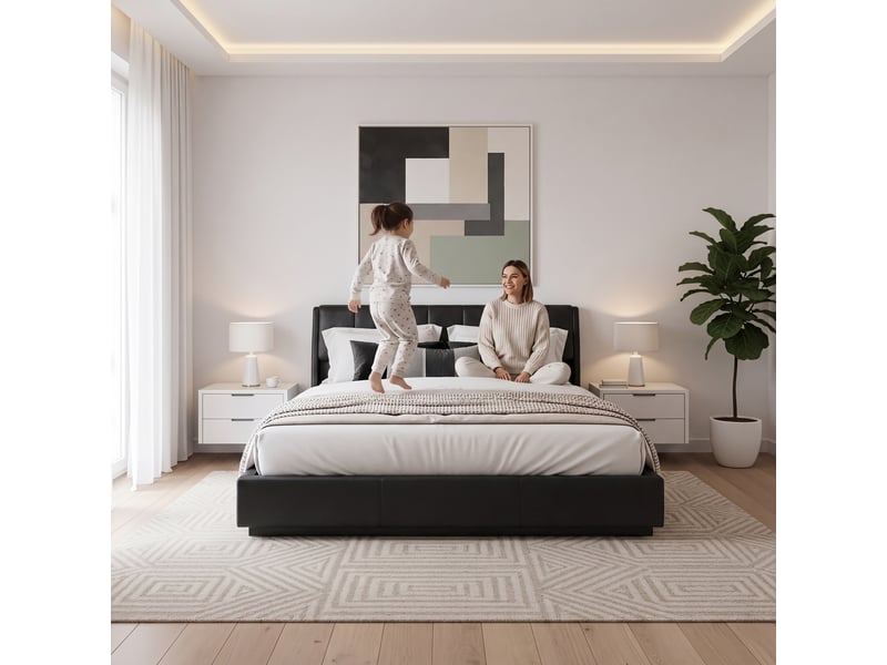  Lit double capitonné tröstiar avec éclairage led 180 x 200 cm noir simili [en.casa] Tröstiar - Conforama C