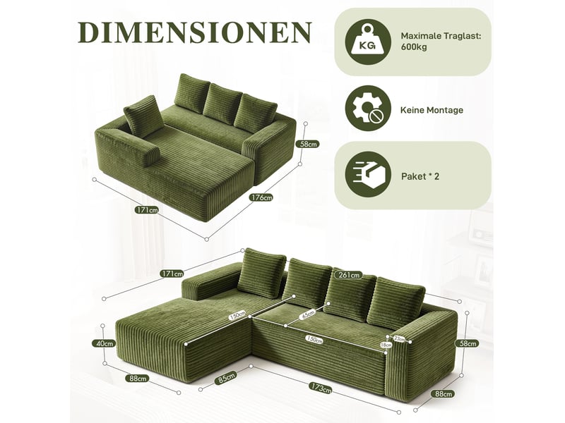  Canapé d'angle convertible modulable 4 places en velours côtelé vert, méridienne droite pour votre salon  - Conforama C