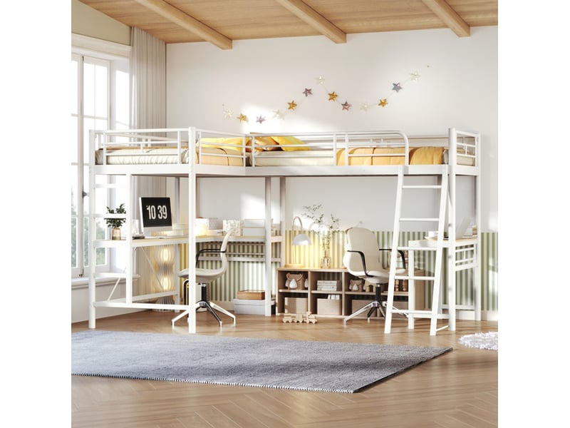  Lit mezzanine 90 × 200 cm avec bureau, double escalier et garde-corps, sans matelas, en métal, blanc  - Conforama D