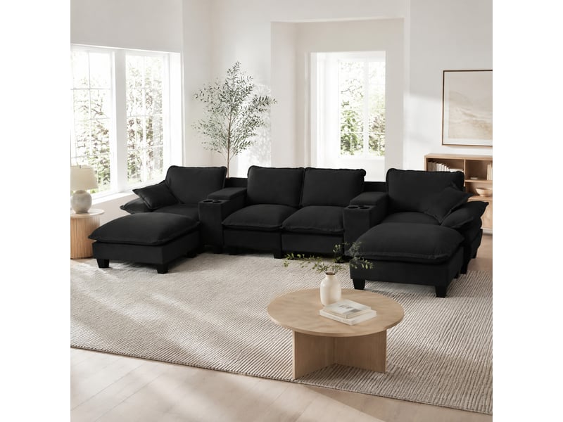  Canapé modulable en u modenvie 6 places avec rangement, usb et porte-gobelets, 392 x 155 x 90 cm, chenille noire, 2 ottomans et 2 coussins  - Conforama B