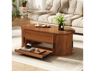 Table basse relevable avec rangement, table de salon polyvalent avec plateau élévateur, portes coulissantes latérales, tiroir extensible, structure rainurée, mdf, noyer