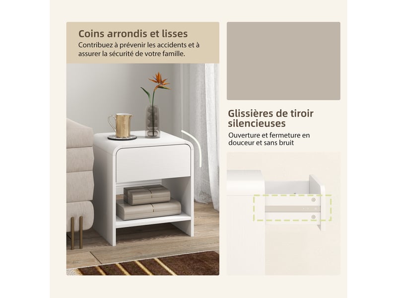  Lot de 2 tables de chevet, 40 x 35 x 45 cm, table d'appoint moderne avec compartiment ouvert et tiroir, blanc  - Conforama R