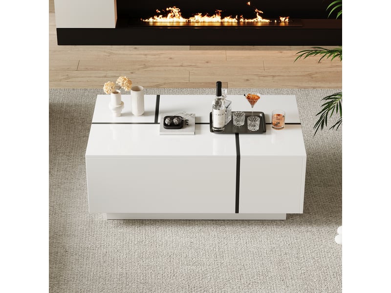  Table basse carrée blanche et noire brillante avec 4 tiroirs, table de salon bicolore 100x60x40 cm, charge 30 kg  - Conforama E