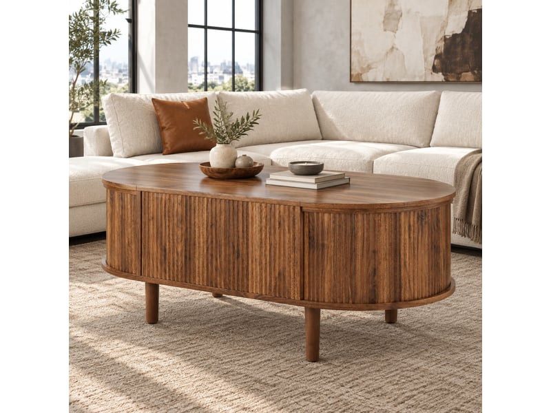  Table basse ovale relevable avec rangements, coloris noyer, 100 x 48 x 53,5 cm  - Conforama C