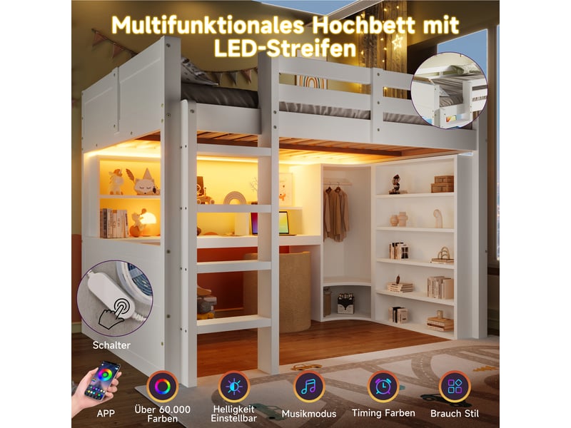  Lit mezzanine 140x200 blanc avec led, bureau, armoire, 3 tiroirs et rangements, lit surélevé enfant avec garde-corps  - Conforama D