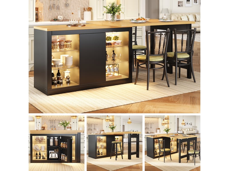 Îlot de cuisine extensible 120–197x40x72 cm avec plateau pivotante 360°, rgb led, rangement vitré et étagère réglables, noir - Conforama B