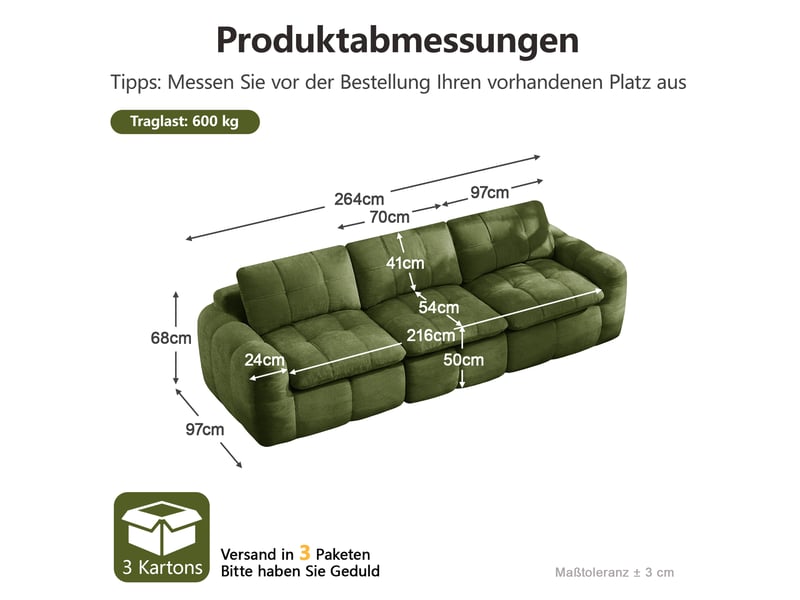 Canapé modulable 3 places 264x97x68 cm en chenille vert - Conforama C
