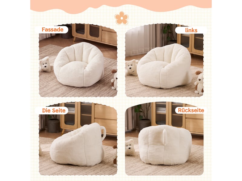 Pouf poire enfant 75x70x52 cm en peluche douce, rembourrage mousse, forme ergonomique courbée, fauteuil confortable pour lecture et jeux, beige - Conforama E