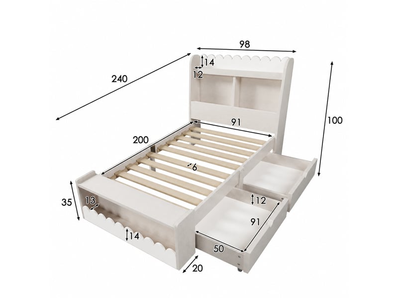 Lit enfant 90x200 cm avec tiroirs et étagères, bois massif et mdf, blanc et chêne clair - Conforama C