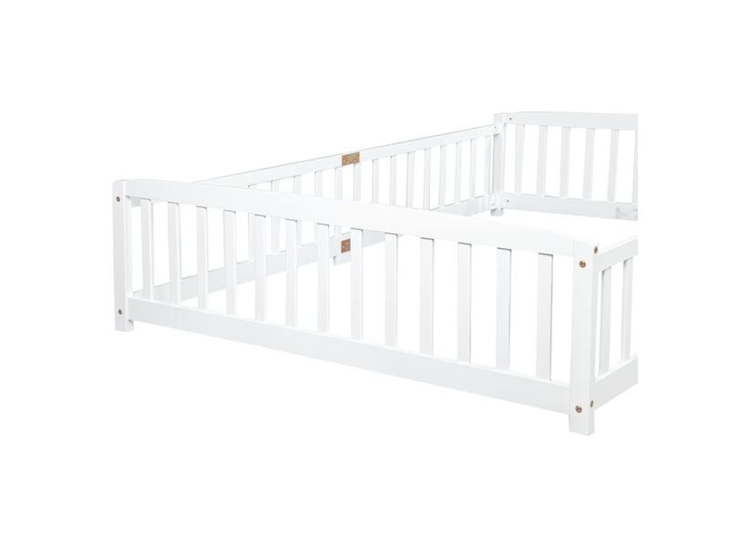  Lit bas enfant en pin, lit simple avec barrières, accès central et coins arrondis, 140 x 200 cm, sans matelas, blanc  - Conforama E