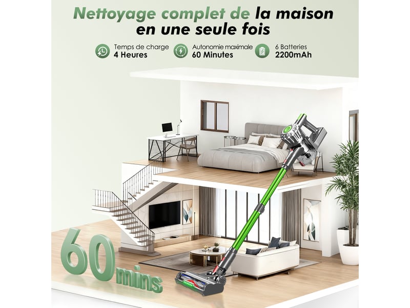  Aspirateur balai auto-portant puissant sans fil42kpa, 60 min d'autonomie, 2 vitesses, 6 en 1, capacité 1,6l, lumière verte  - Conforama C