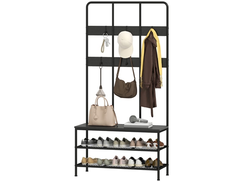  Porte-manteau 3 en 1 avec 6 crochets et banc porte-chaussures, 91 x 36 x 180 cm, noir  - Conforama B