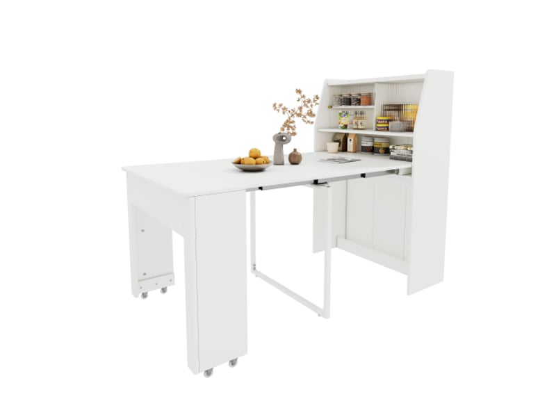 Table à manger extensible,table à manger rectangle avec étagère,compartiment de rangement anti-poussière,espace de travail et 3 panneaux amovibles,52132,5x80x76,blanc table blanc - Conforama A
