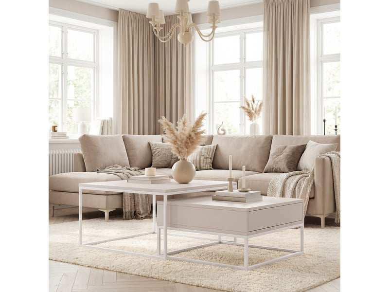  Tables basses gigognes elegant - 7060 cm - avec grand tiroir - structure en acier - blanc cachemire ELEGANT - Conforama B