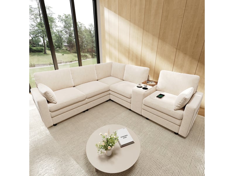  Canapé d'angle cloud 5 places 227x202x83 cm en chenille - console centrale usb-c porte-gobelets rangement intégré - beige BUYDEEMEUS - Conforama B