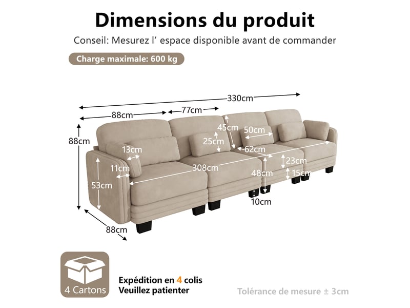 Canapé droit modulable 330 cm 4 places avec coussins d’accoudoir amovibles, coussins lombaires épais à soutien renforcé, chenille, marron clair - Conforama D