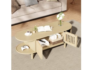 Table basse ovale 100x40x38 cm en mdf bois clair, avec portes à lamelles, pieds en bois massif, rangement intégré
