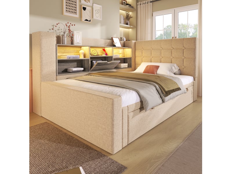  Lit banquette 90x200 cm – beige – lit gigogne, tête de lit rangement, led et ports usb, sans matelas  - Conforama B