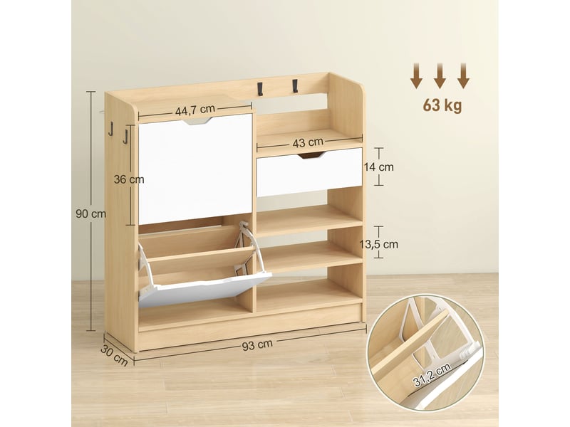 Étagère à chaussures pour entrée avec tiroir, étagères ouvertes, 4 crochets pour 14 paires de chaussures, naturel et blanc - Conforama D