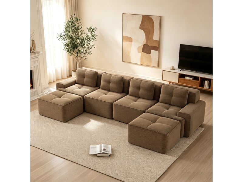  Canapé modulable en u 4 places avec méridienne, confort profond et conception sans armature, 69 × 293 × 177 cm, marron  - Conforama D