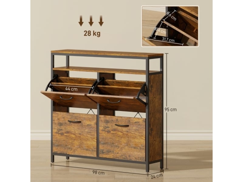  Meuble à chaussures étroit marron en acier 4 tiroirs rabattables avec étagère ouverte pour 12-20 paires  - Conforama C