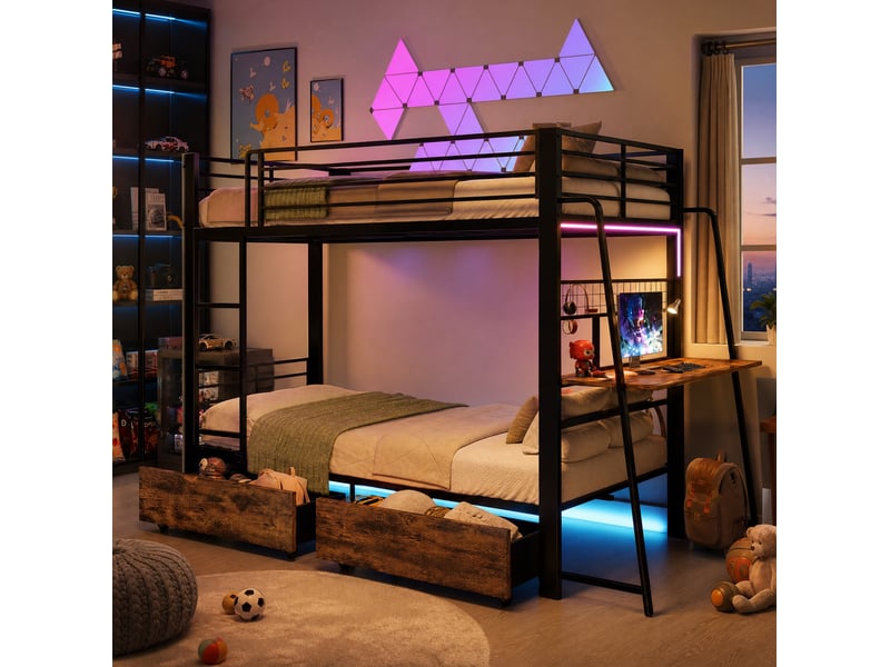  Lit superposé 140x200 cm avec bureau, 2 tiroirs, led rgb et prises, noir  - Conforama B