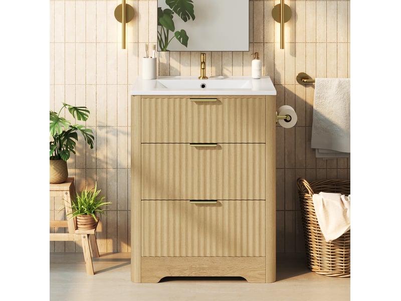  Meuble sous vasque lavabo, 2 tiroirs et porte-papier réversible pour salle de bain, mdf bois naturel, 61 × 47 × 82 cm  - Conforama C