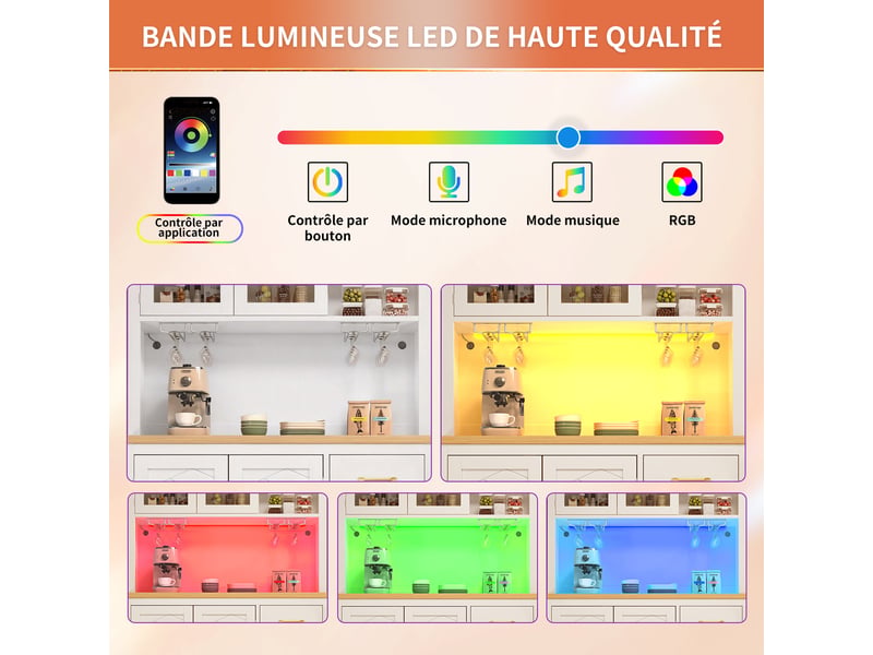  Buffet ,meuble de rangement ,meuble de cuisine ,buffet haut, 105,5 x 40 x 180 cm, 4 portes, avec led -bouteilles, blanc  - Conforama D