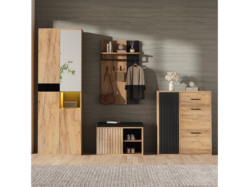  Vestiaire d'entrée coloris naturel+noir avec miroir panneau de particules vestiaire bicolore - Conforama B