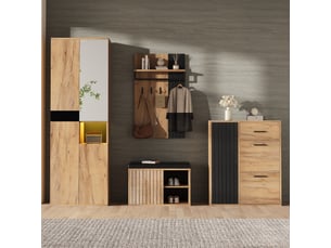 Vestiaire d'entrée coloris naturel+noir avec miroir panneau de particules