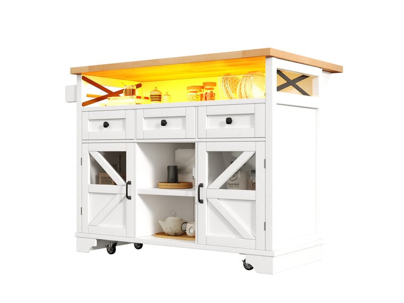  Desserte de cuisine mobile avec plateau rabattable et éclairage led - lpospi - rangements, portes en verre, mdf blanc  - Conforama A