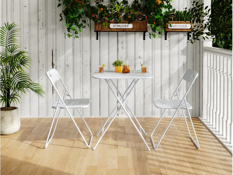  Salon de bistrot pliant extérieur 3 pièces 60x60 cm – blanc – acier avec revêtement e-coating, 2 chaises  - Conforama B