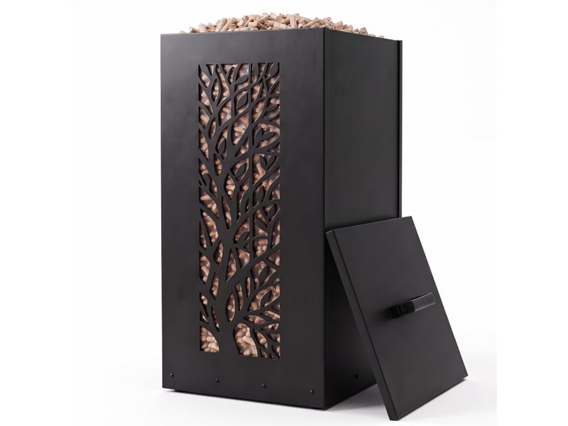  Casabel réservoir pellets &amp; granulés avec roulettes, cap. 45kg, métal noir, niveau visible, motif arbre  - Conforama A