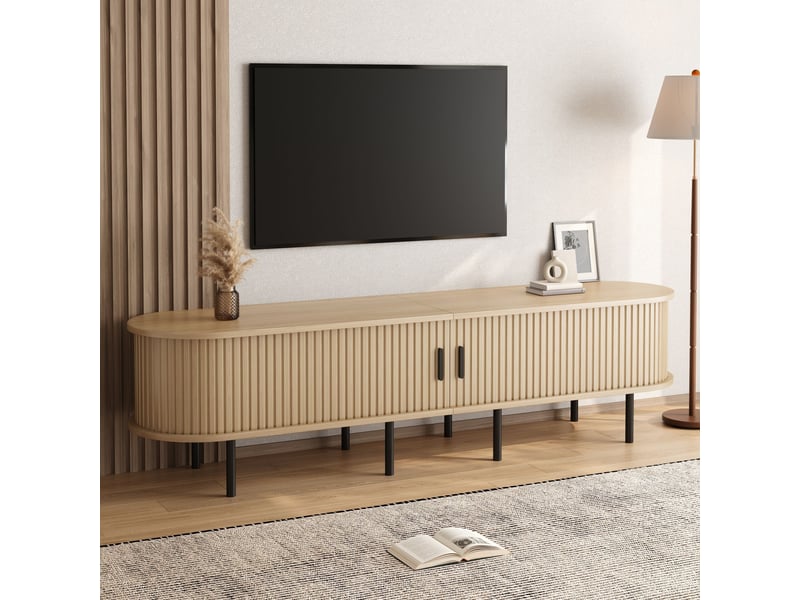  Meuble tv 170x40x46 cm, portes coulissantes, passe-câbles, façades texturées, pieds métal, grand rangement pour salon - naturel  - Conforama E