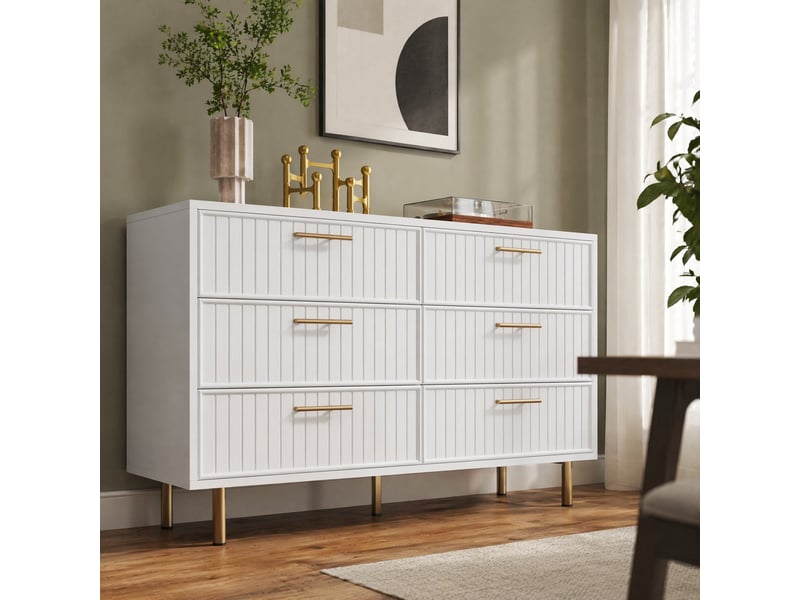  Commode finition côtes avec 6 tiroirs et étagères réglables, en panneaux de particules, blanc, 120 × 40 × 75.5 cm  - Conforama B