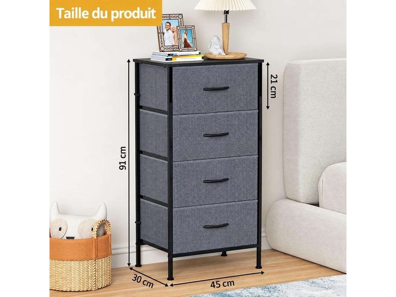  Chiffonnier meuble 45x30x91 cm quatre tiroirs tissu gris fonce et metal noir chambre  - Conforama D